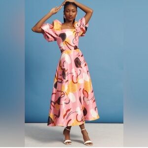 Anthropologie Aureta‎ Studio Printed Puff-Sleeve Cutout Dress